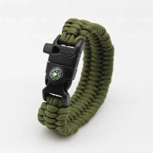 Outdoor survival paracord bracelet with compass and whistle, durable 7-core tactical gear.