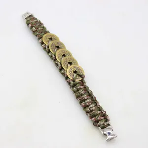 Bracelet en paracorde avec cinq pièces de monnaie anciennes chinoises porte-bonheur bijoux