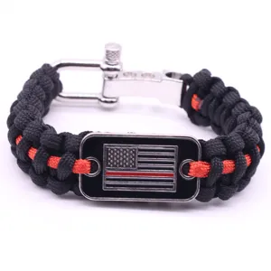 Paracord Survival Bracelet with US Thin Red Line Flag Metal Tag and Adjustable Shackle