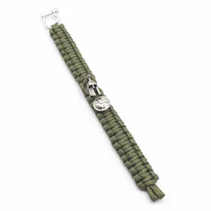 Detailed view of the army green paracord survival bracelet with Spartan helmet charm.
