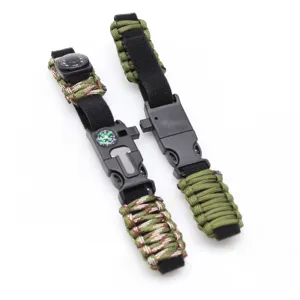 Handmade outdoor multi-functional paracord survival bracelet with compass and adjustable strap.