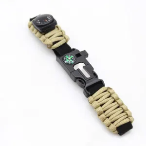 Detailed view of the outdoor multi-functional survival paracord bracelet with compass.