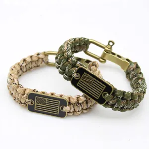 Handmade Paracord Survival Bracelet Outdoor Tactical Braided Wristband With Zinc Alloy Buckle And Flag Dog Tag Jewelry