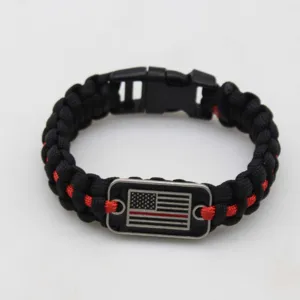 Handcrafted paracord survival bracelet with metal flag tag for outdoor sports and daily wear.