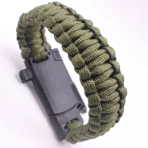 Outdoor survival paracord bracelet with multi-purpose fire starter tool for camping hiking.