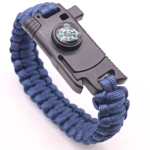 Blue paracord survival bracelet with compass for outdoor camping and emergency use