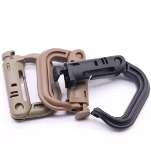 Close-up detail of durable plastic tactical carabiner clips for outdoor backpacks and molle.