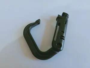 Black plastic carabiner detail view, durable outdoor backpack accessory hook fastener.