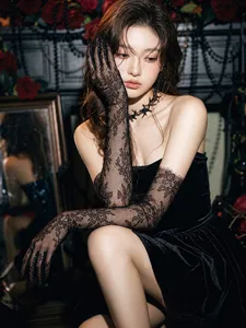 Vue détaillée de longs gants en dentelle noire et choker gothique pour look sombre.