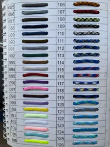 Paracord color swatch chart showing various solid and patterned 7-core ropes for crafting.