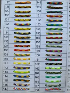 Detailed view of paracord color sample card showing numbers 127 to 168 with various woven patterns.