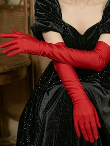 Long red satin stretch gloves for women retro evening dress wedding photography accessories