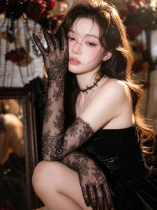 Gants longs en dentelle noire style gothique sombre Lolita accessoire photo mode élégante