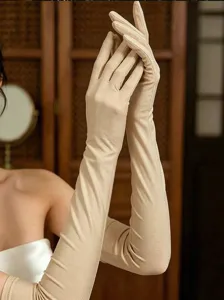 Women 53cm long spandex stretch gloves elegant evening dress wedding photo accessories beige.