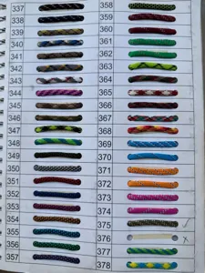 Paracord color chart displaying various numbered shades and patterns for custom outdoor crafting.