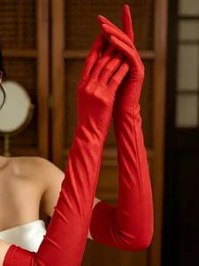 Women 53cm long red spandex stretchy gloves for retro wedding evening party photography.