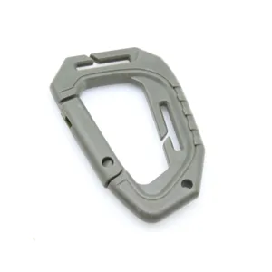 Close-up detail of durable army green plastic D-ring carabiner clip for tactical gear.