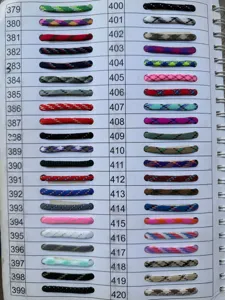 Outdoor paracord color chart swatch sample, multi-color braided rope for bracelet crafting.