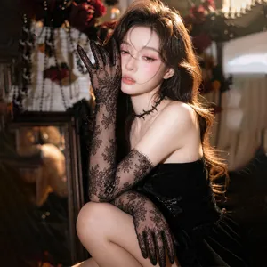 Gants en dentelle noire Lolita gothique style sombre Halloween mariée fantôme image principale