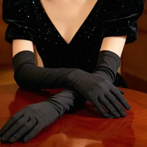 Elegant long black gloves for women, vintage opera spandex gloves for evening dress photography.