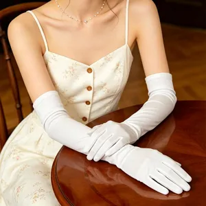 Elegant 53cm long white stretch satin gloves for women, perfect for vintage wedding and evening party.