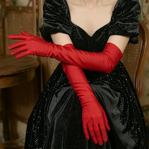 Elegant red satin long gloves for women, vintage opera evening dress and wedding accessories.