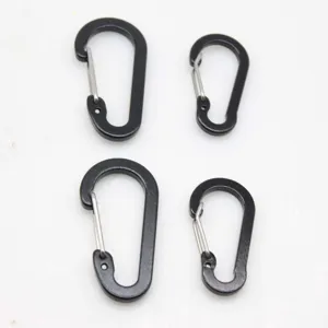 Aluminum alloy wire gate carabiner detail, black snap hook set for outdoor camping and hiking.
