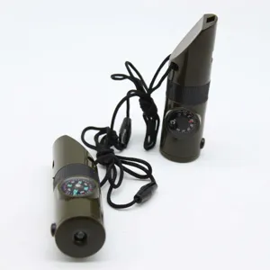 Sifflet de survie multifonctionnel 7-en-1 d'extérieur avec boussole et thermomètre LED.