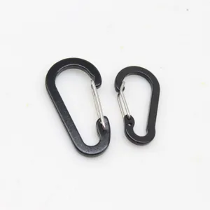 Detailed close-up view of black aluminum alloy wire gate carabiners in different sizes.
