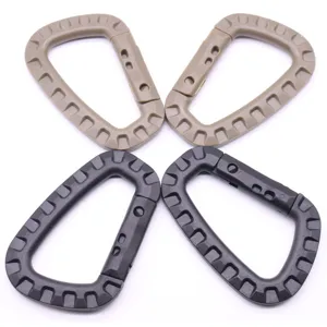 Tactical plastic D-ring carabiner set, durable backpack hanging hook for outdoor hiking and climbing gear.