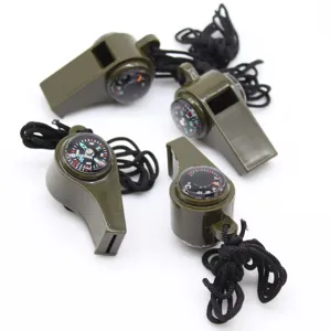 Sifflet de survie 3-en-1 d'extérieur avec boussole et thermomètre, vert, 4 pcs