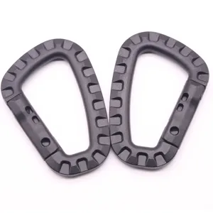 Black plastic tactical D-ring carabiner clip for backpack outdoor hiking webbing gear.