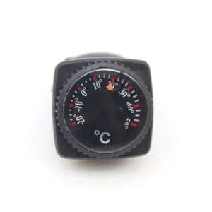 Mini termómetro de dial mecánico de 20 mm con detalles de la clara escala de temperatura.