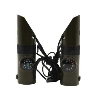 Sifflet de survie multifonctionnel 7-en-1 d'extérieur avec lumière LED, boussole et thermomètre.