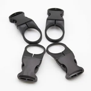 Black plastic quick-release water bottle buckles for outdoor backpacks and 25mm webbing use.