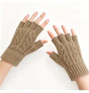 Brown knitted fingerless gloves for winter warm cable knit half finger hand warmers