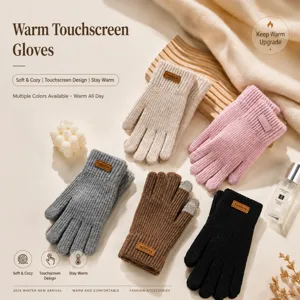 Winter warm knitted touch-screen gloves for men and women, cozy fleece-lined thermal gear.