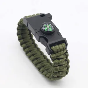 Military green paracord survival bracelet with compass, multi-functional outdoor camping gear.
