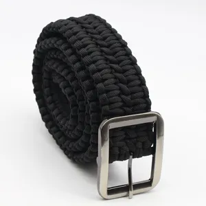 Durable black paracord belt handmade with 7-core survival rope and a sturdy metal buckle.