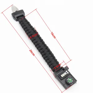 Black outdoor survival paracord bracelet with knife compass and digital watch gear.
