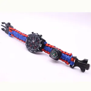 Outdoor survival paracord watch featuring a compass and fire starter for tactical use.