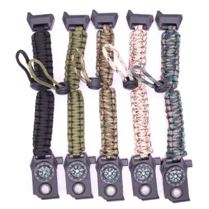 Outdoor survival paracord lanyard with compass and LED light, multi-functional camping gear tool.