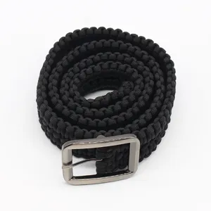 Black paracord survival belt with metal buckle, handmade woven outdoor tactical gear.