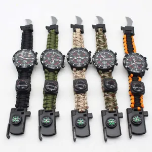 Multifunctional Survival Paracord Watch Outdoor Emergency Quartz Watch With Compass And Fire Starter Polyester Strap