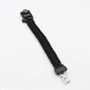 Black multi-functional paracord survival bracelet detail view with compass and digital watch