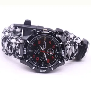 Outdoor multi-function survival paracord watch with black white woven band and dial.