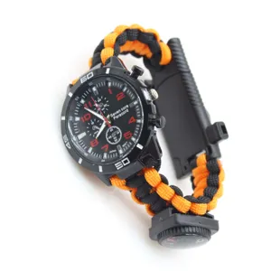 Tactical survival paracord watch with quartz movement and multi-functional outdoor design.