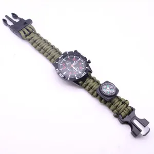 Outdoor multi-function paracord survival watch with compass flint military green braided strap