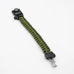 Multifunctional outdoor survival paracord bracelet with compass, digital watch and tool buckle.