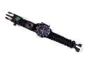 Outdoor survival paracord watch detail view, featuring integrated compass and fire starter.